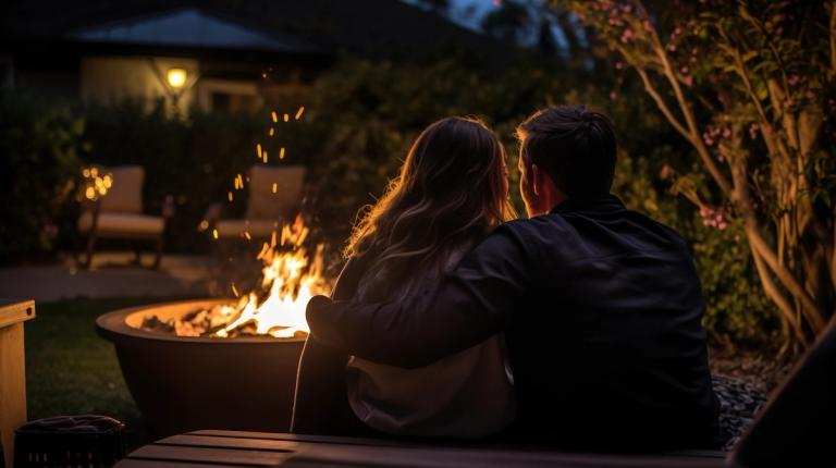 Couple sat in front of fire pit in the garden