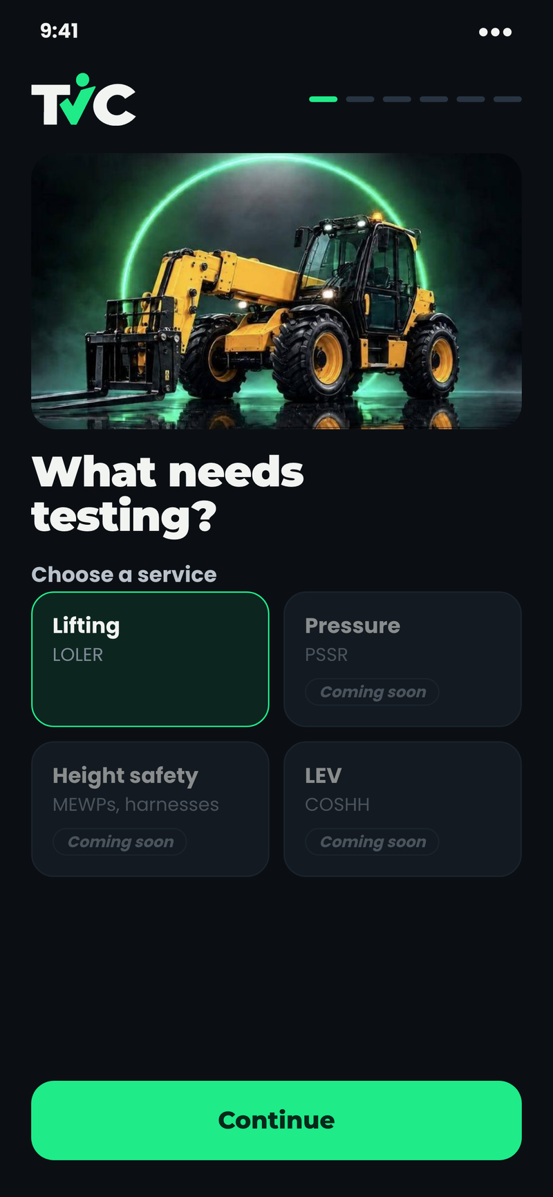 Booking screen: choosing a service