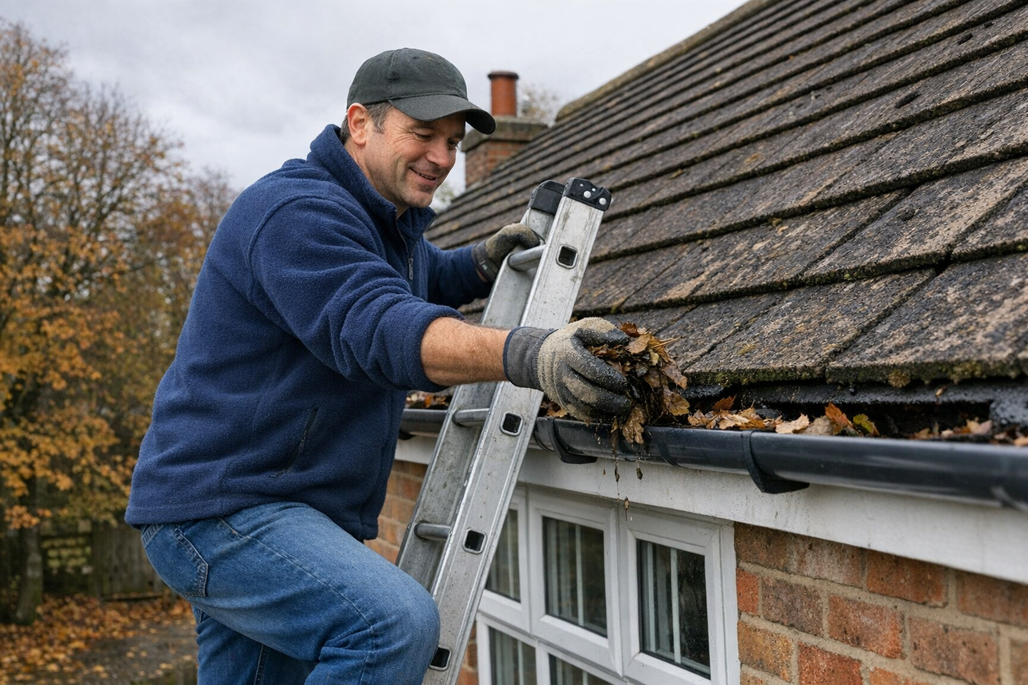 A person on a ladder cleaning gutters on a British house exterior on an overcast autumn day