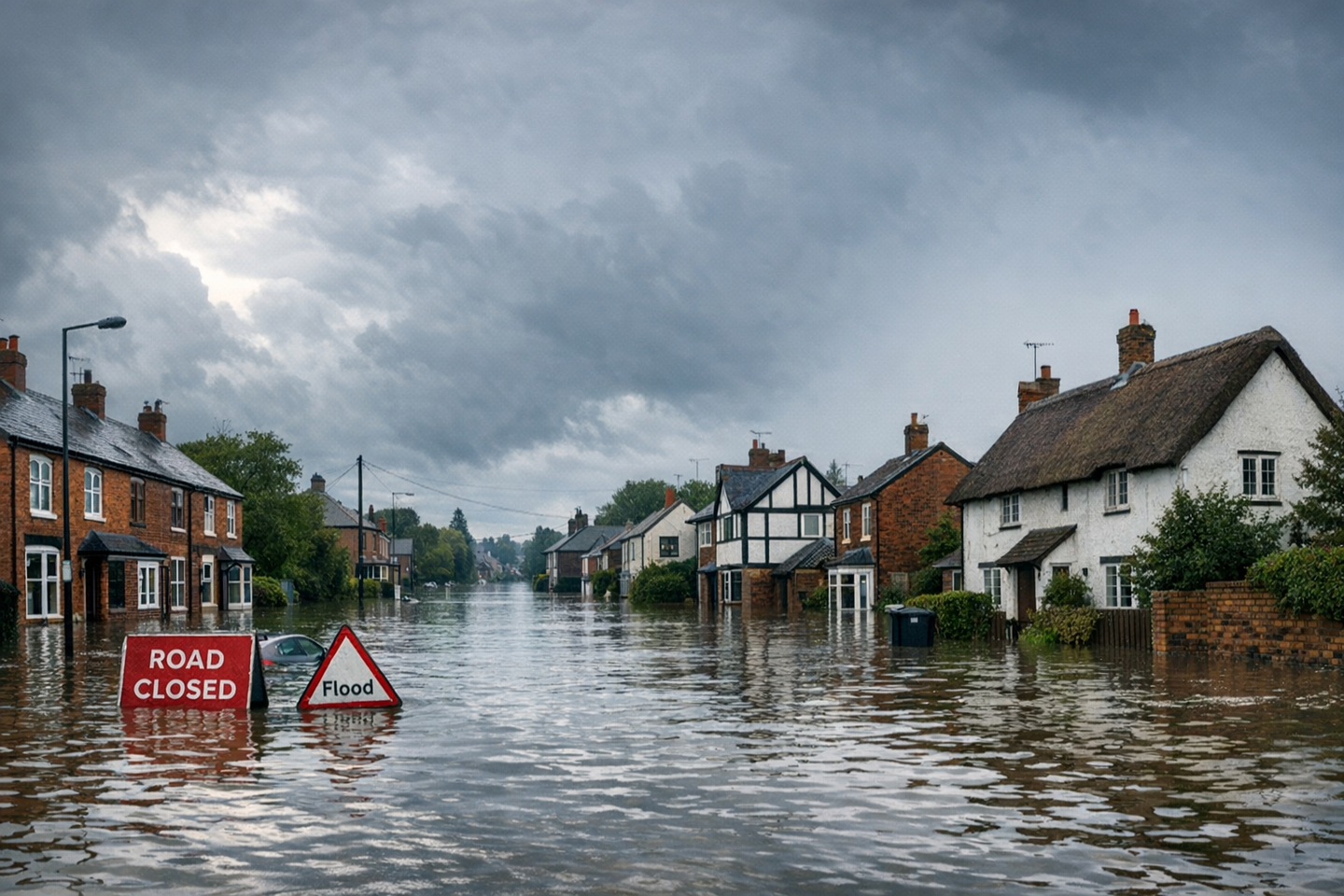 Wide-angle view of a flooded residential street lined with British brick terraced houses under a grey overcast sky.