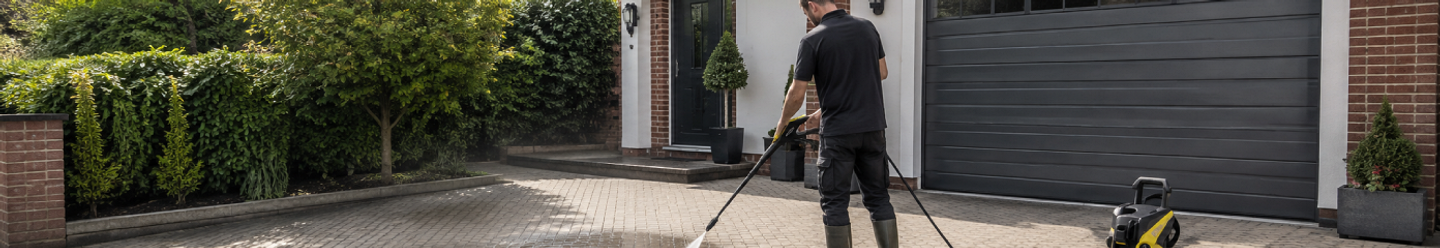 man jet washing the driveway