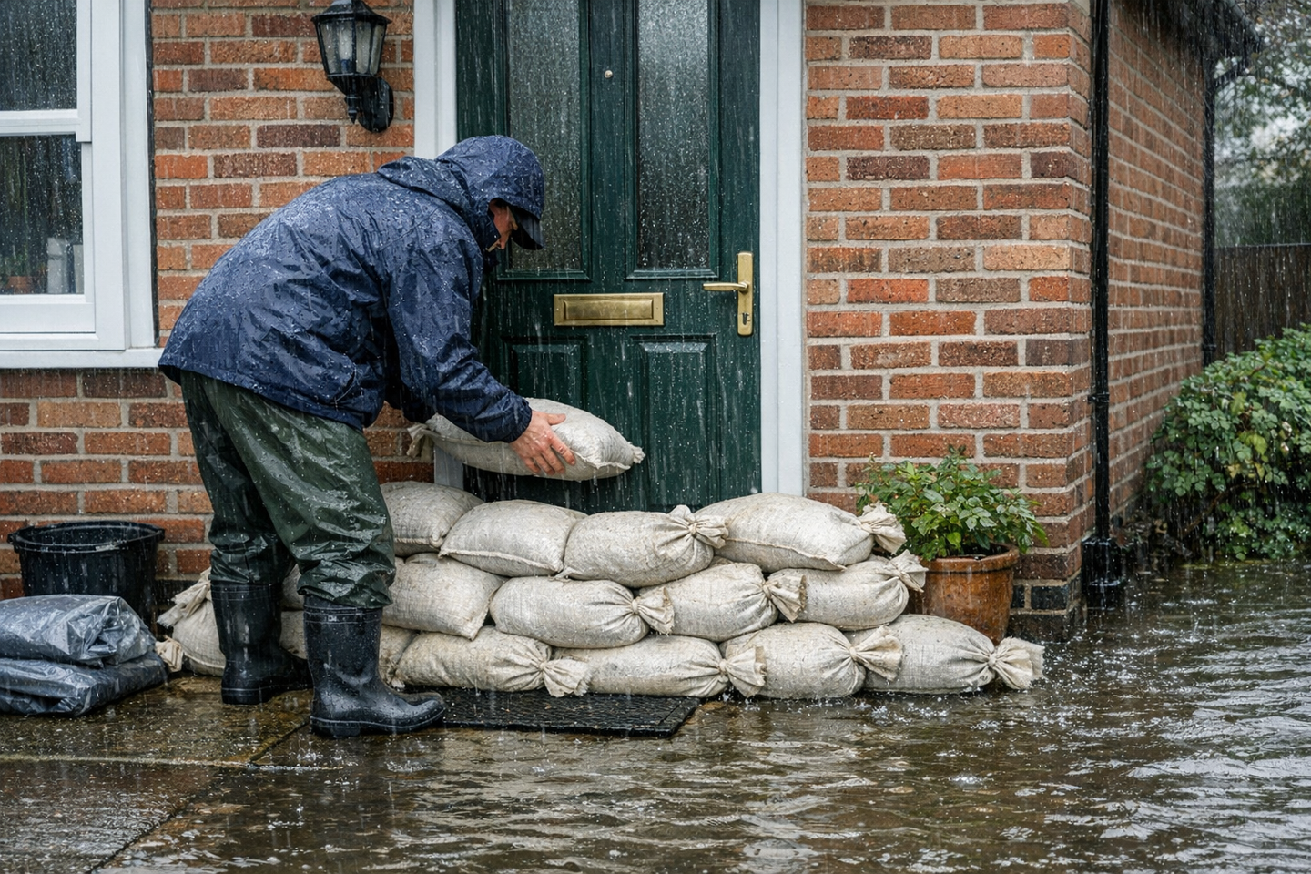 Man putting sandbags outside home to prevent flood.