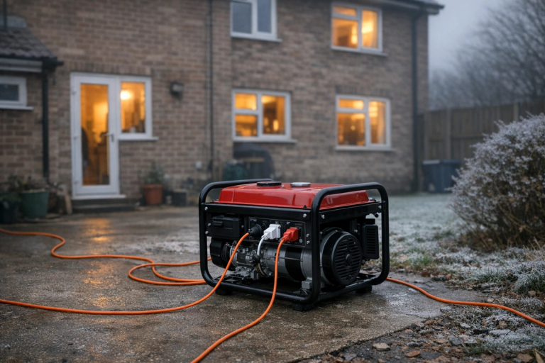 A portable petrol generator placed on concrete ground outside the back of a UK semi-detached house on a grey overcast winter day, with orange extension leads running from it and warm light glowing through the house windows