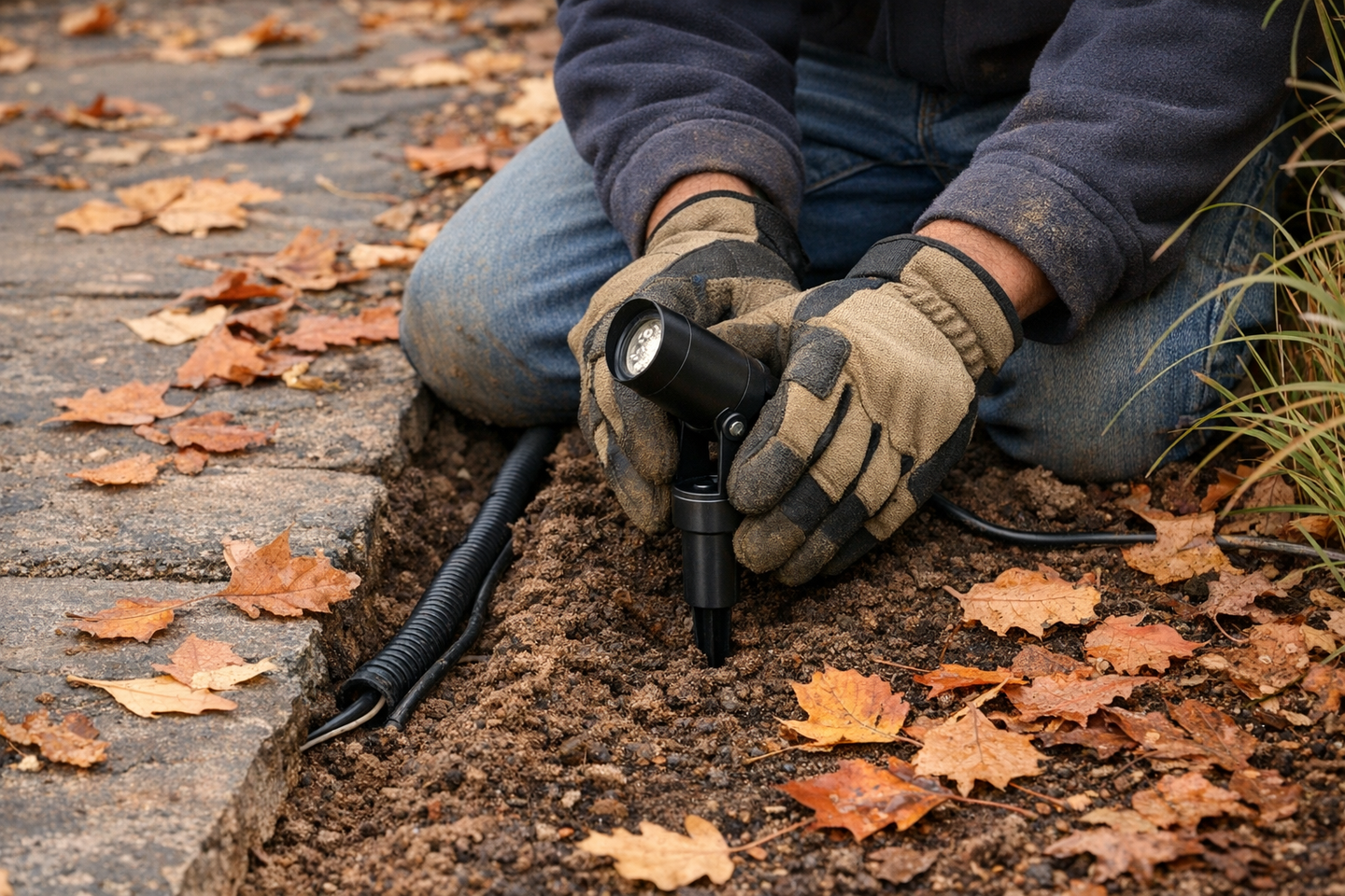 Person installing low voltage garden spike lights along a path edge with conduit
