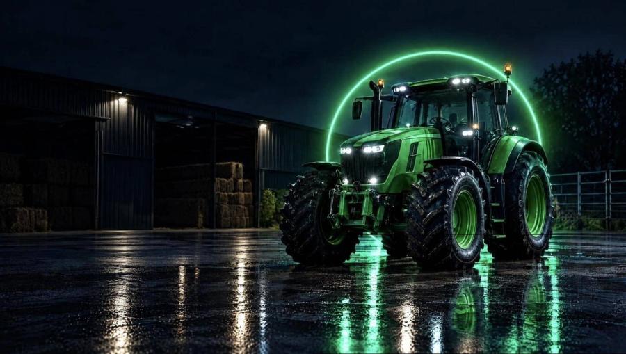 Green tractor under the TIC halo in a farmyard at night
