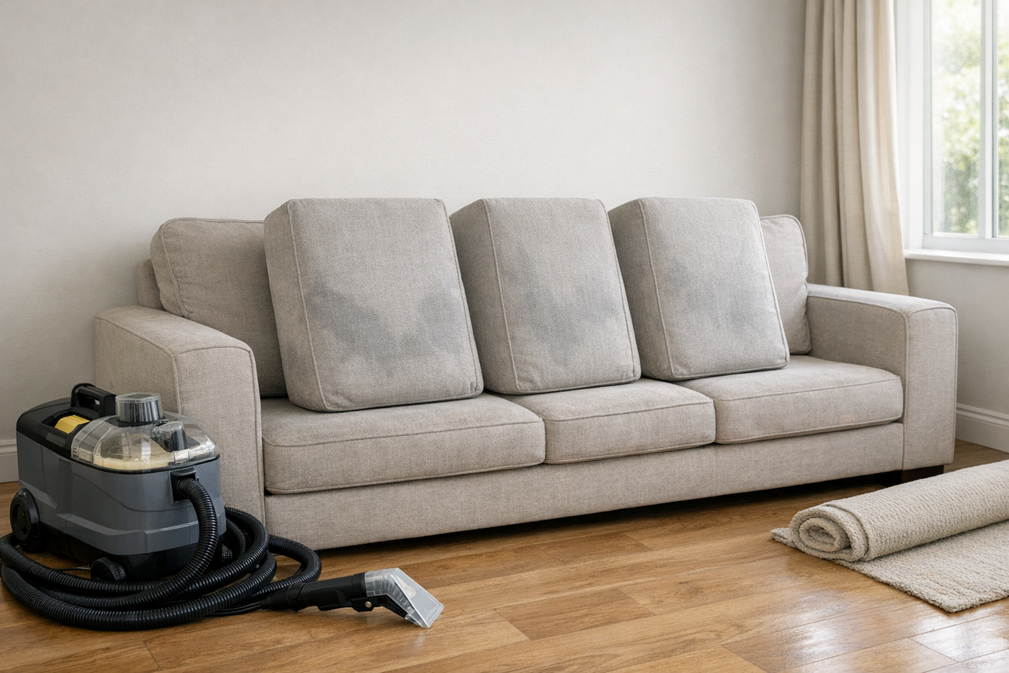 Freshly cleaned fabric sofa with cushions stood on edge to dry beside a carpet cleaner and upholstery attachment