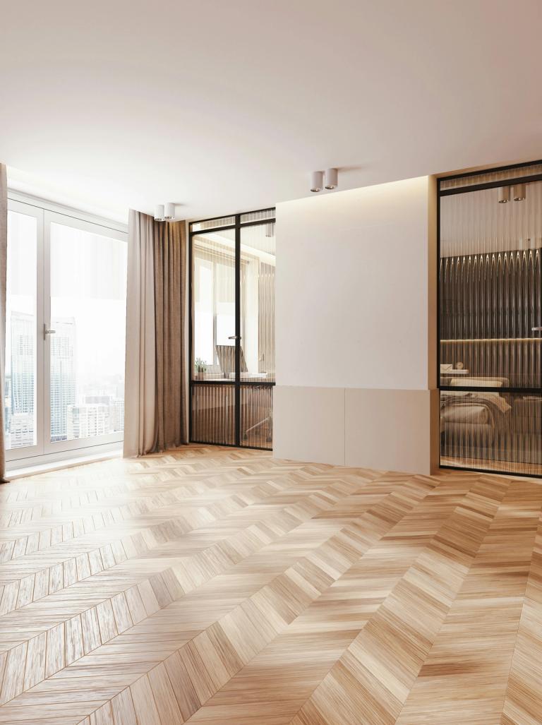 sanded chevron floor in a modern bedroom