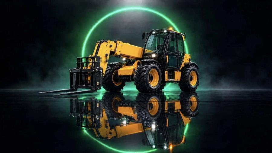 Yellow telehandler under the green TIC halo on a wet black floor
