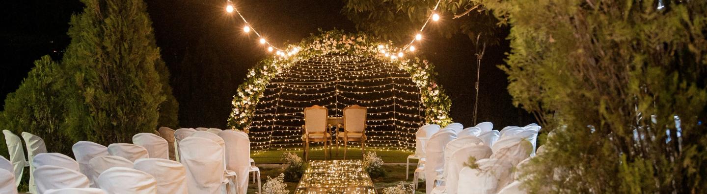 event wedding at night with fairy lights
