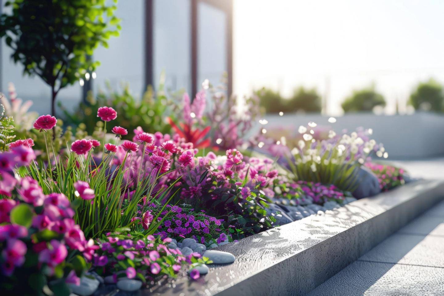 pink and white flower beds render