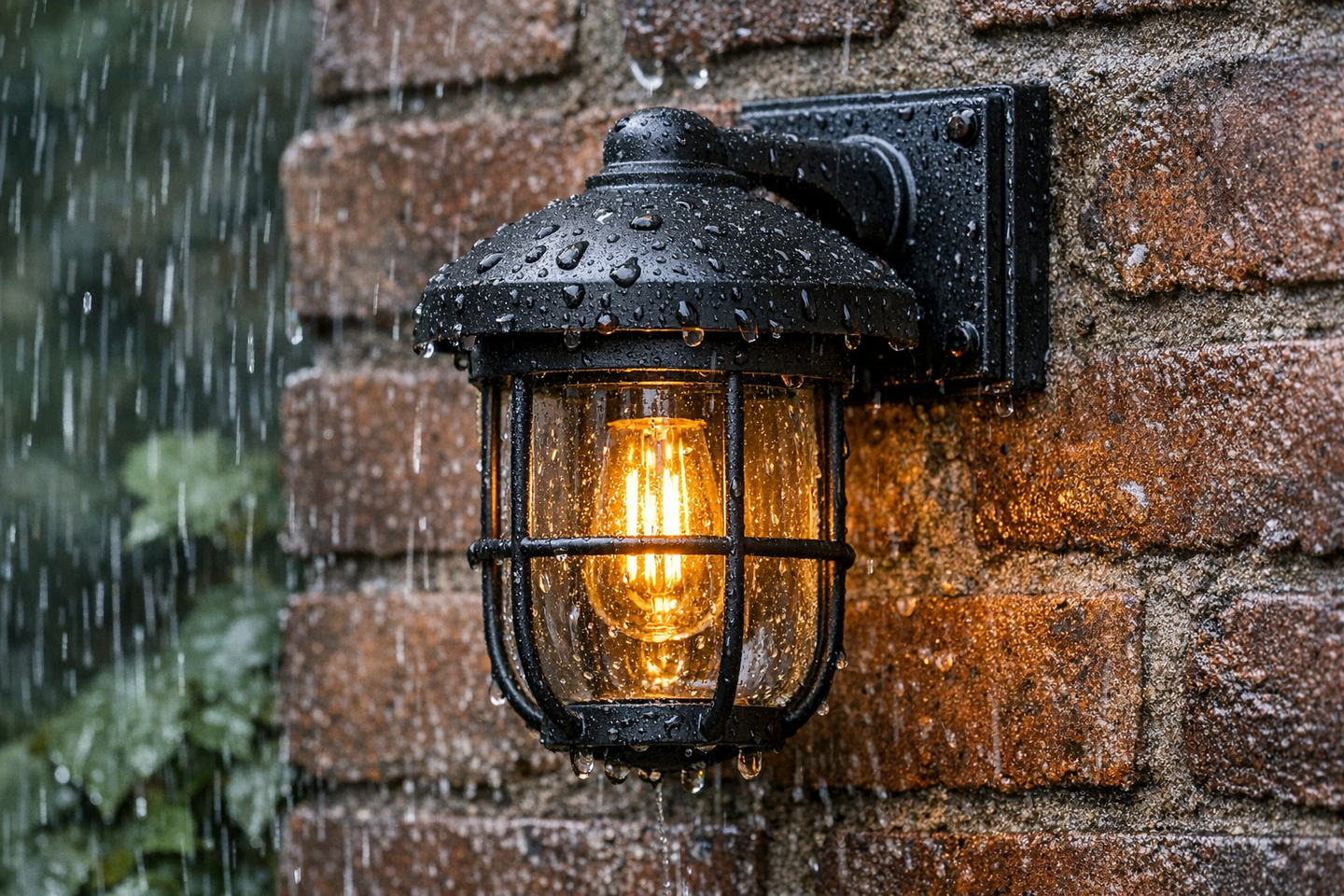 Weatherproof IP65 rated outdoor wall light mounted on a garden wall in wet conditions