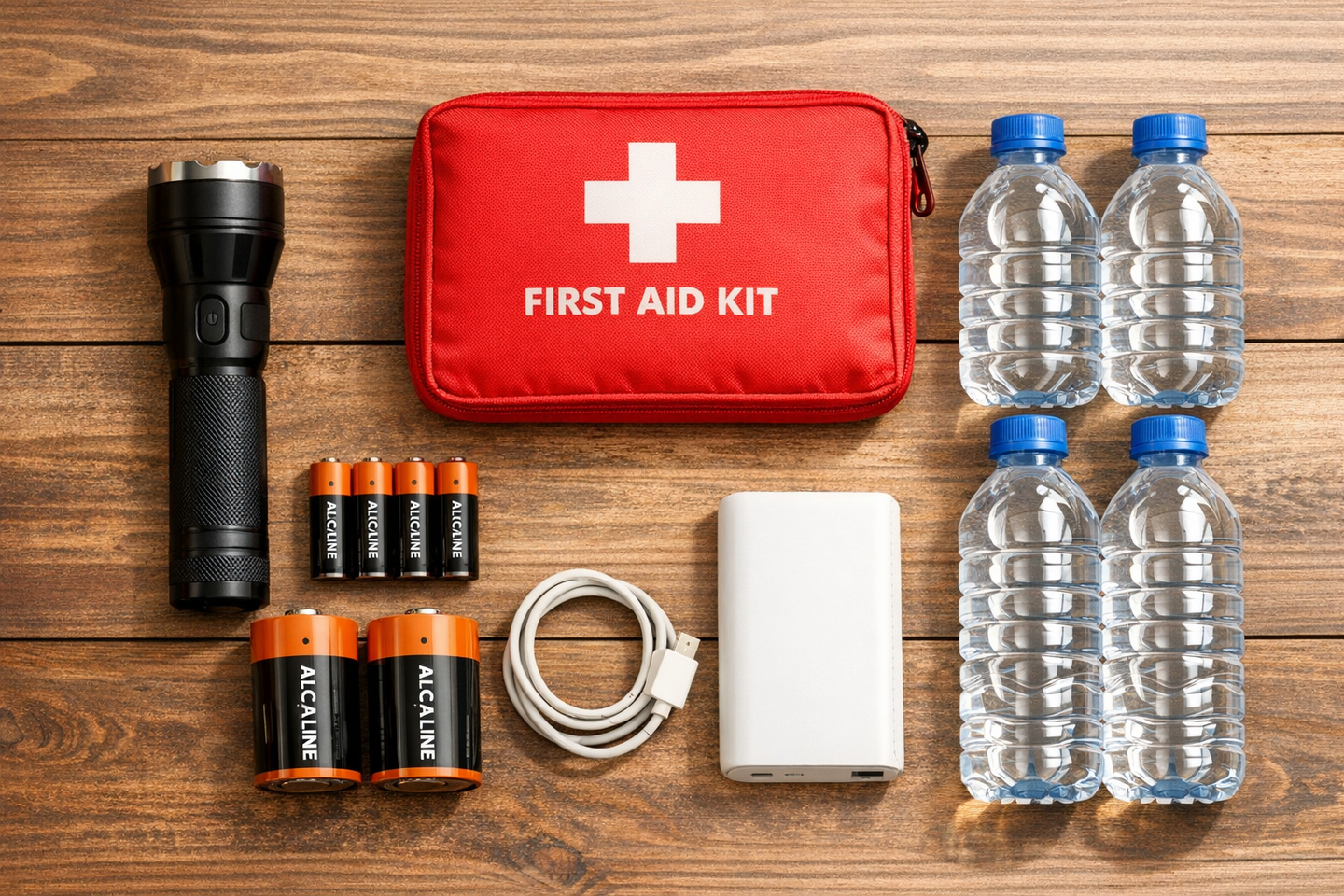 A storm preparedness kit laid out on a table including a torch, batteries, first aid kit, bottled water and a power bank