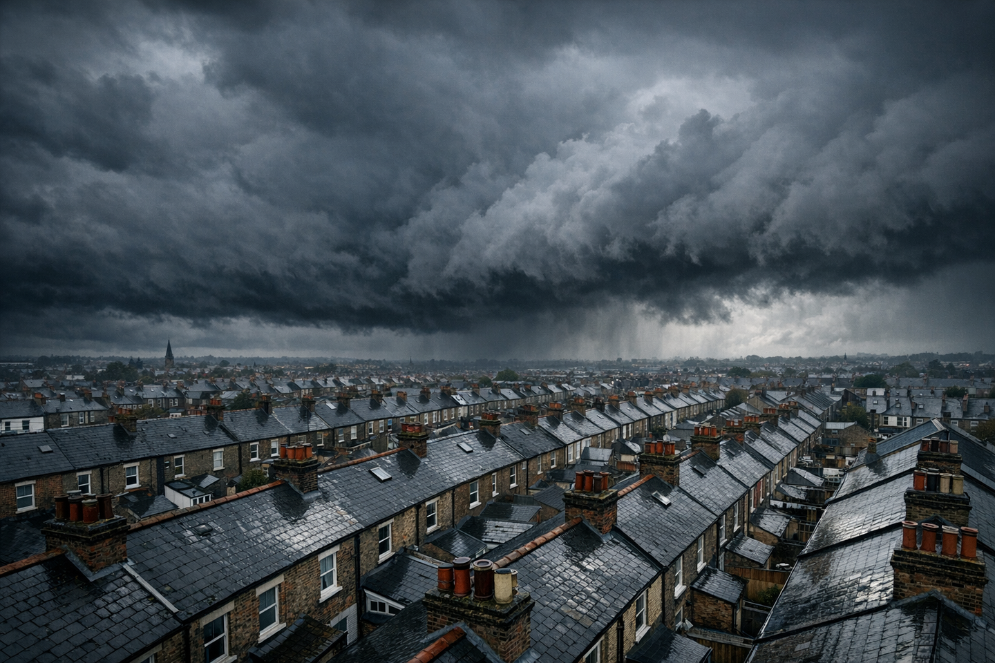 Aerial view of dark autumn storm clouds rolling in over grey British rooftops