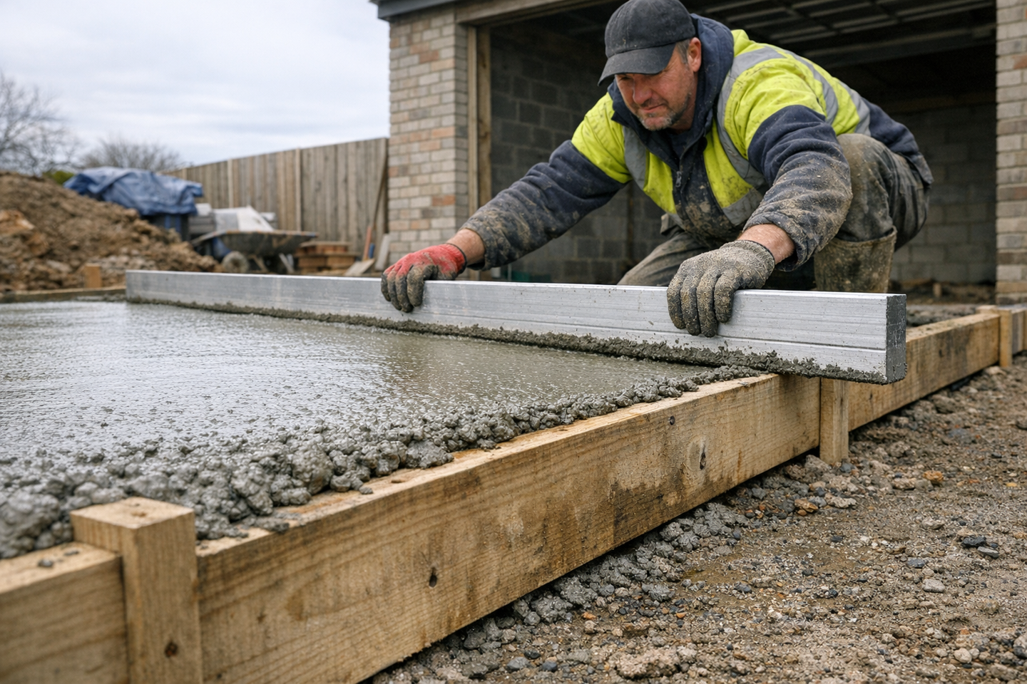 Screeding a concrete slab level across timber shuttering