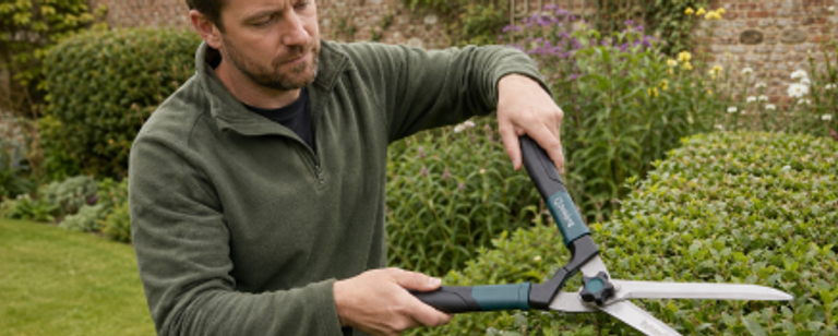 Man using Bulldog shears to cut the hedge