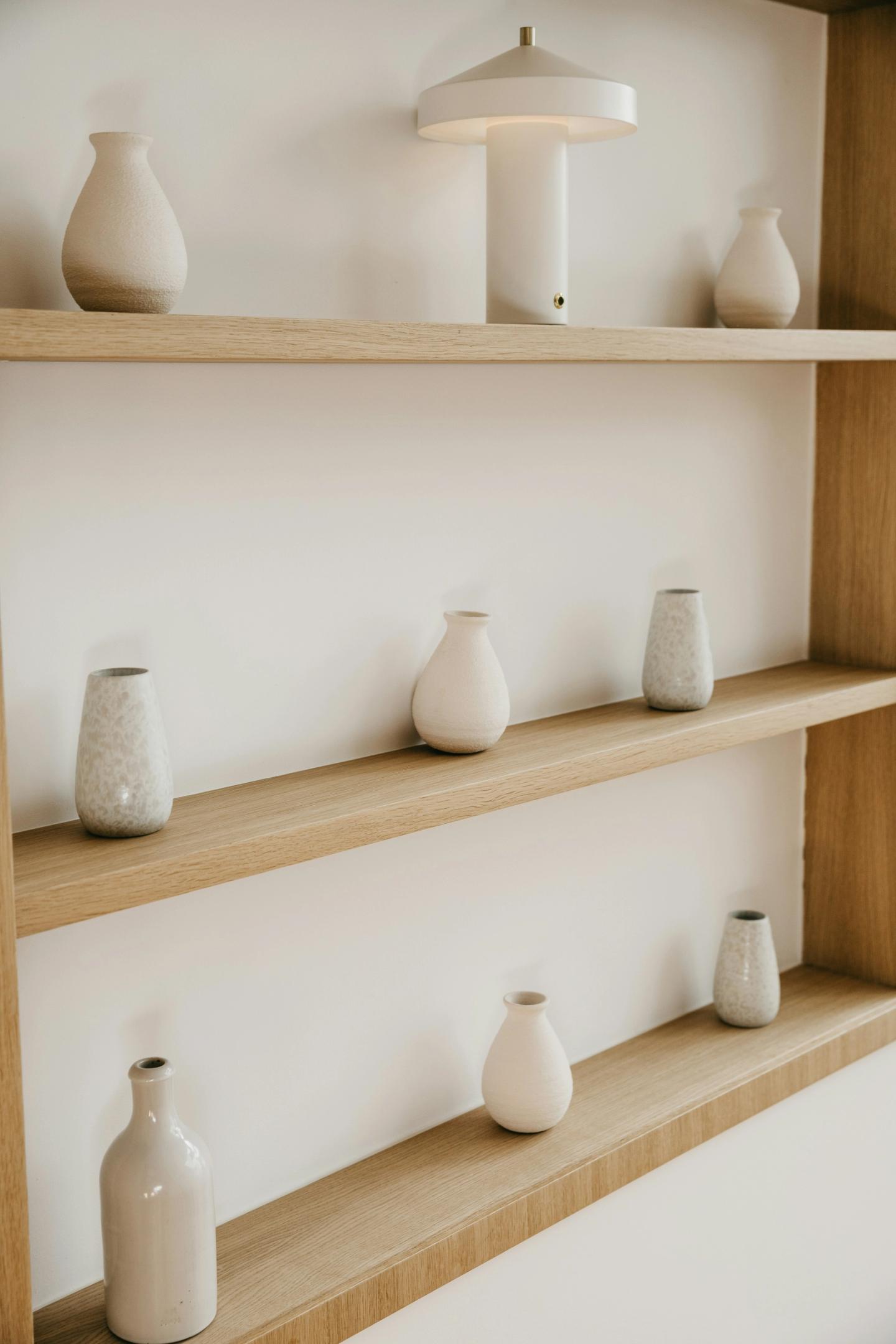Shelving units with home decor on top.