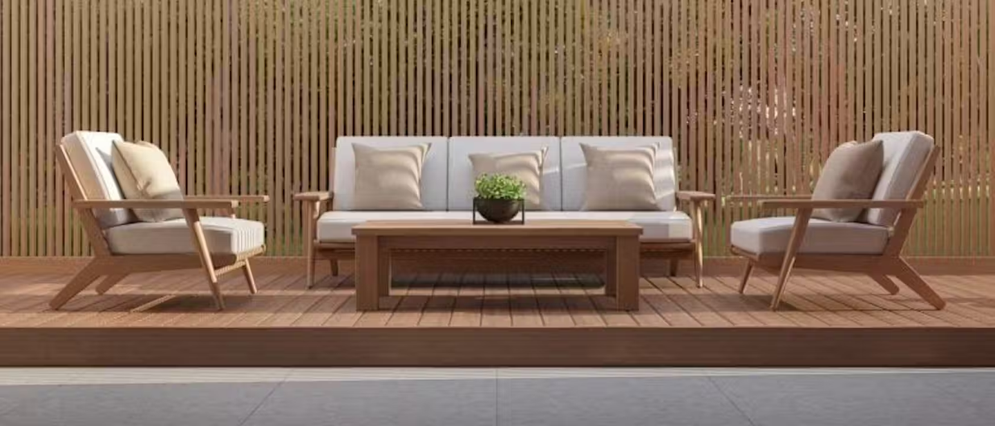 Decking with garden furniture.