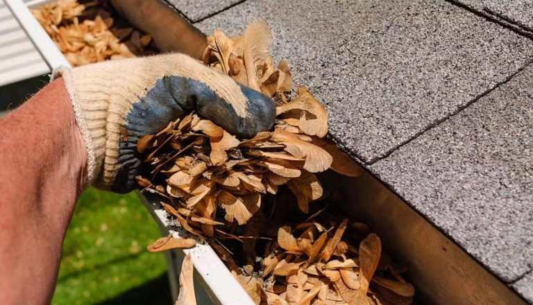 Someone removing leaves from a gutter.