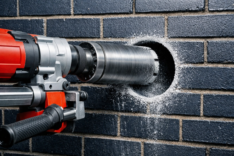 Diamond core drill cutting through a dark blue Class A engineering brick wall, showing a clean circular hole in progress with fine dust