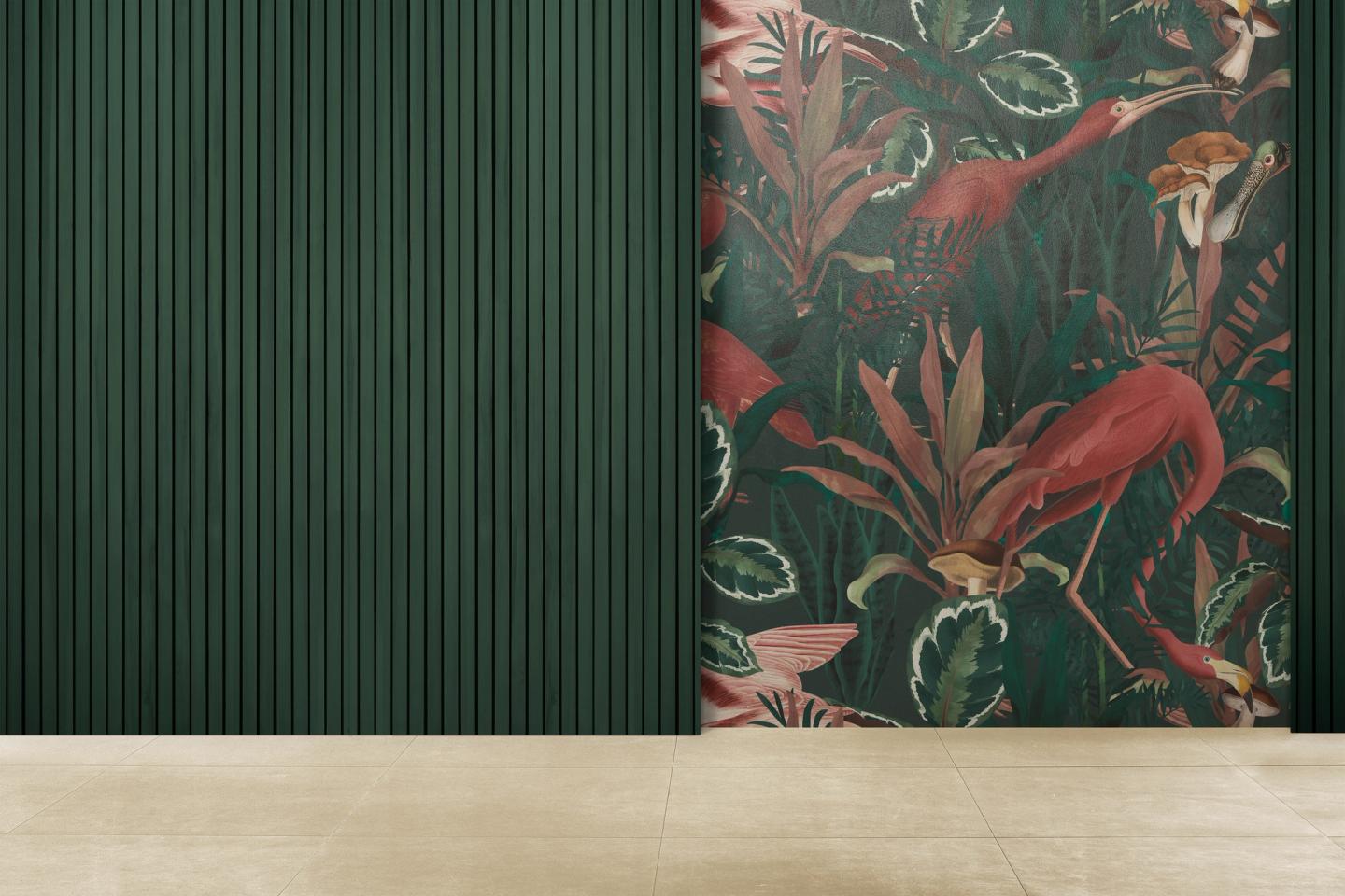 green wooden panelling and accent floral wallpaper