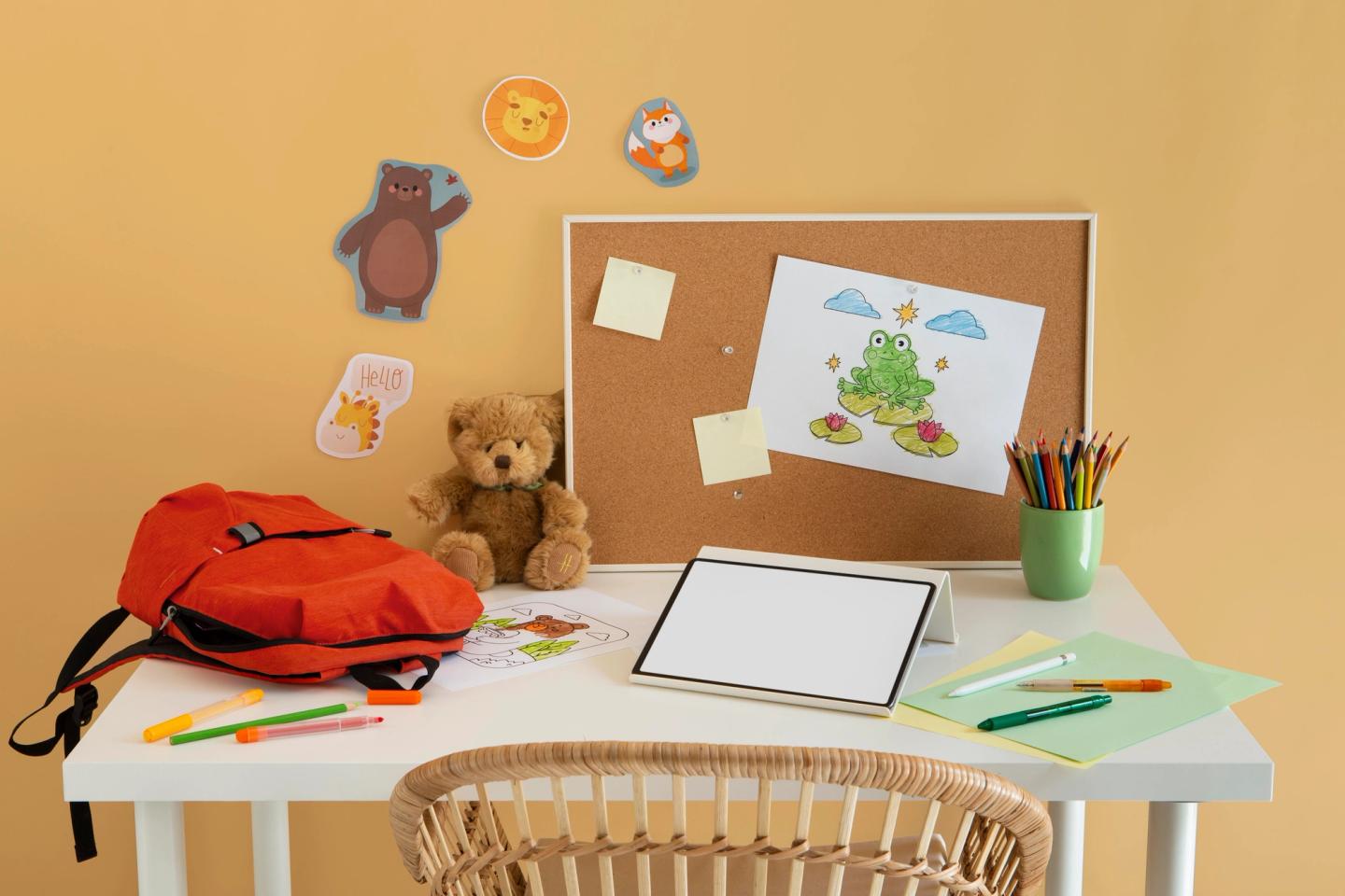 A child's desk with their backpack, papers and pens on top.