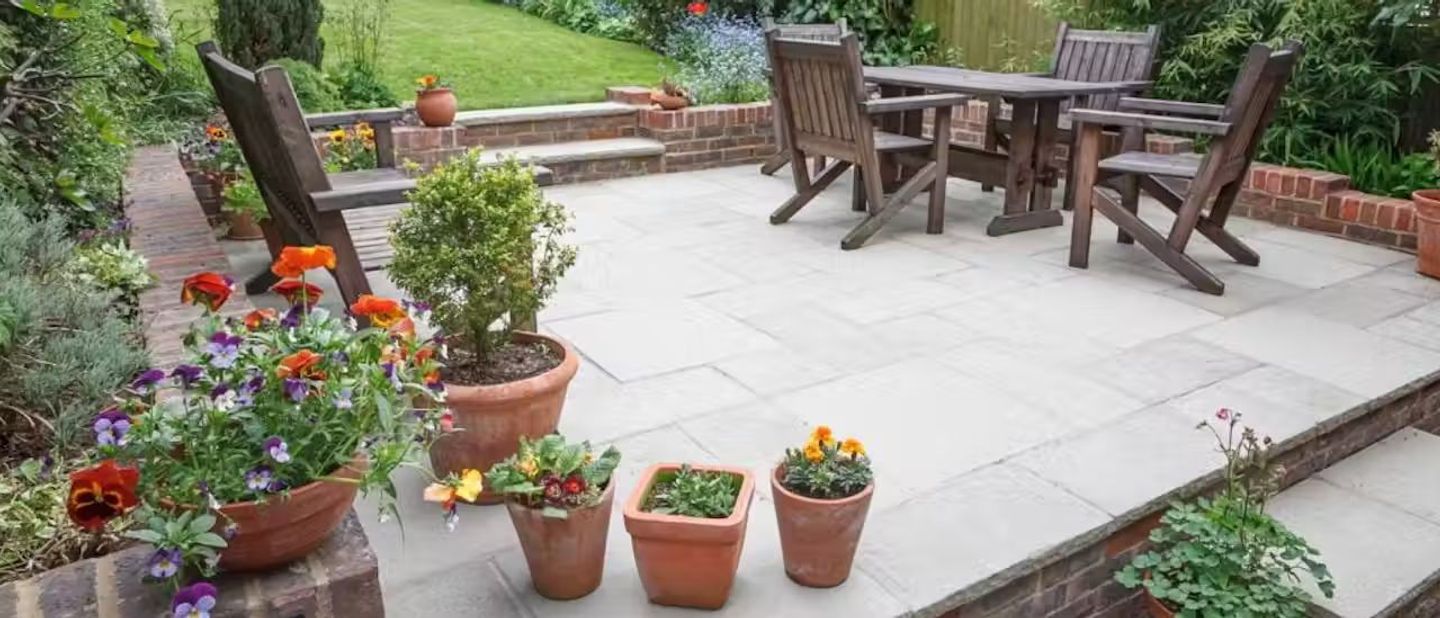 concrete slabs garden summer flower pots