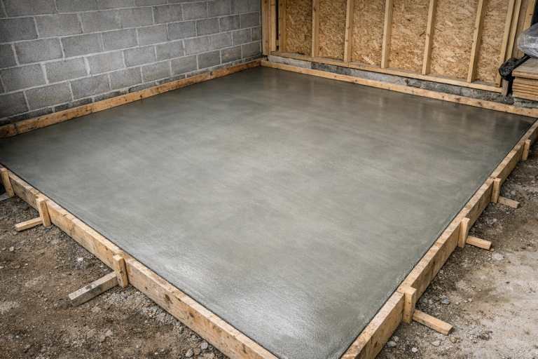 A freshly finished concrete floor slab inside a garage shell, viewed from above
