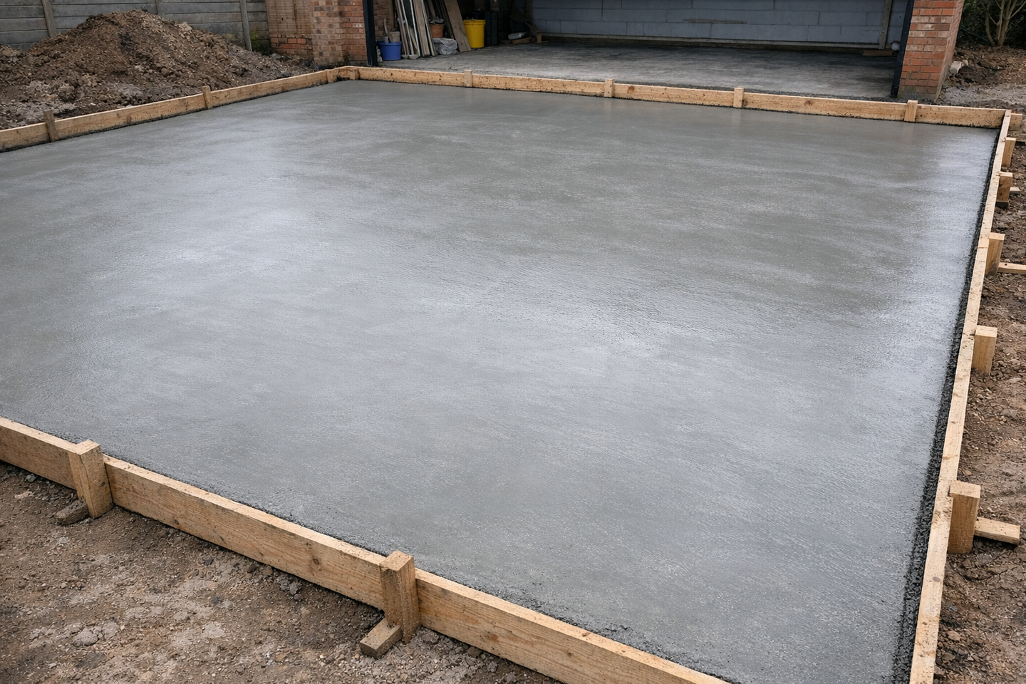 A poured and screeded concrete garage floor slab, freshly finished