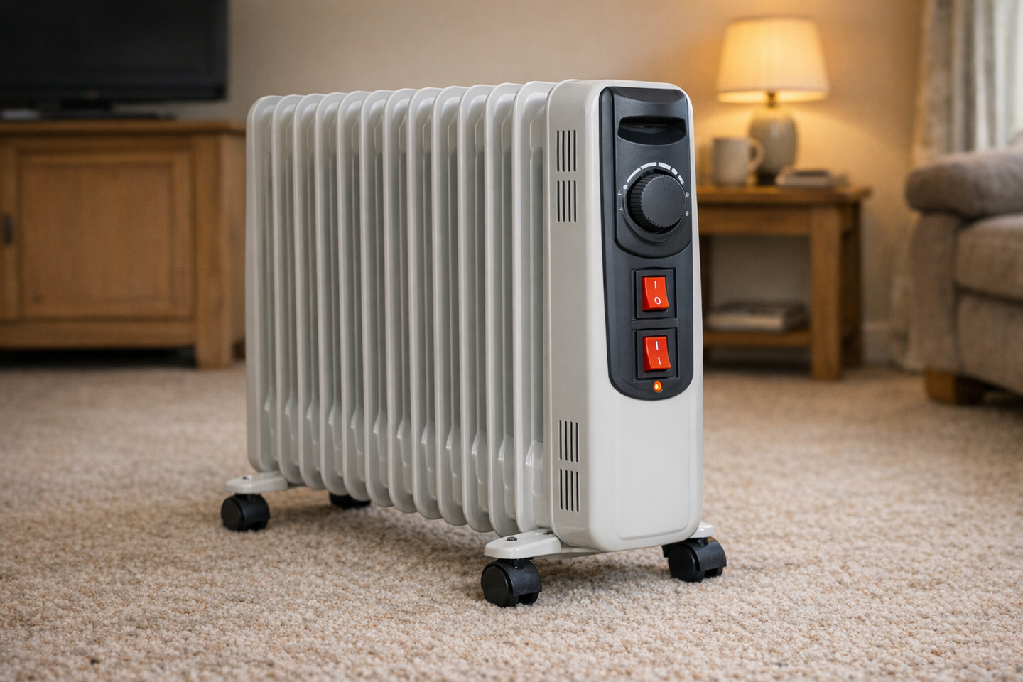Portable electric oil-filled radiator with a thermostat dial standing clear of furniture in a domestic room