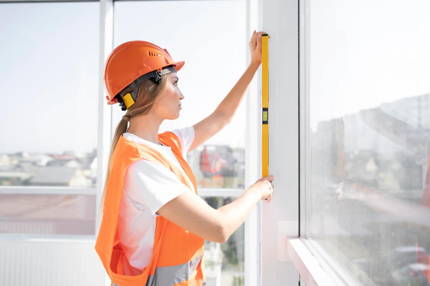 woman measuring windows with a spirit level