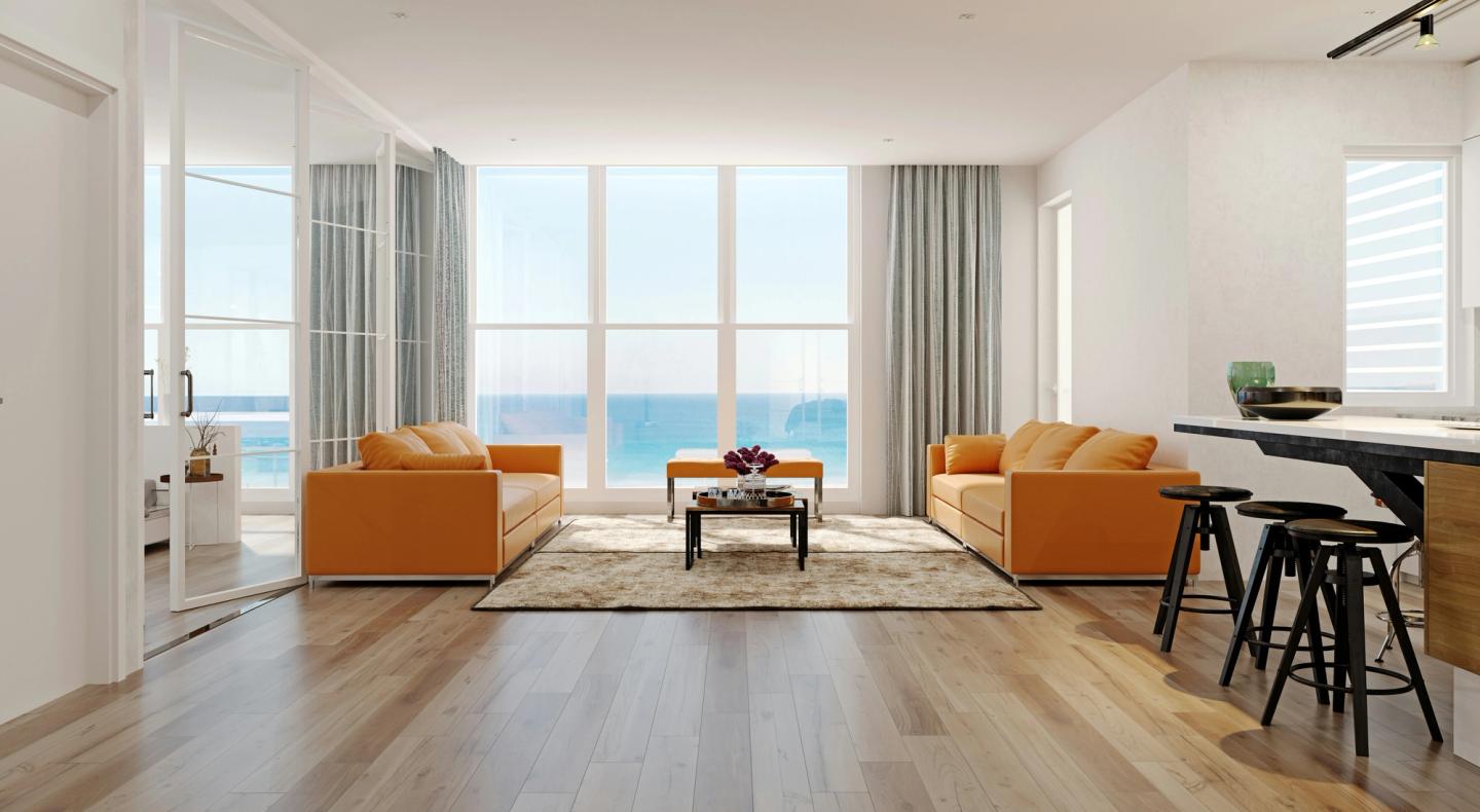 modern living room with sea view and sanded floorboards