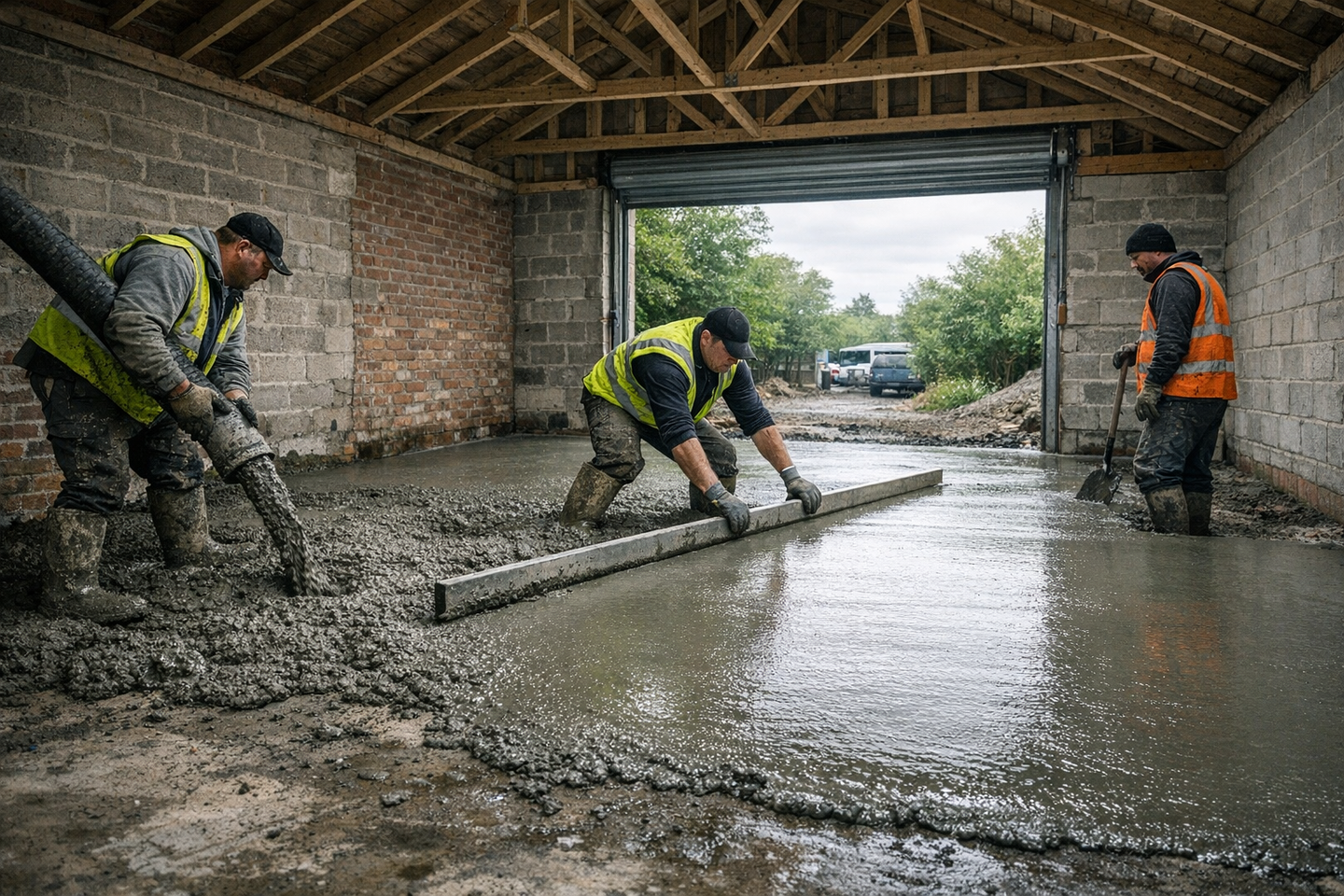 Workers pouring and screeding a concrete floor slab inside a garage, overcast UK daylight