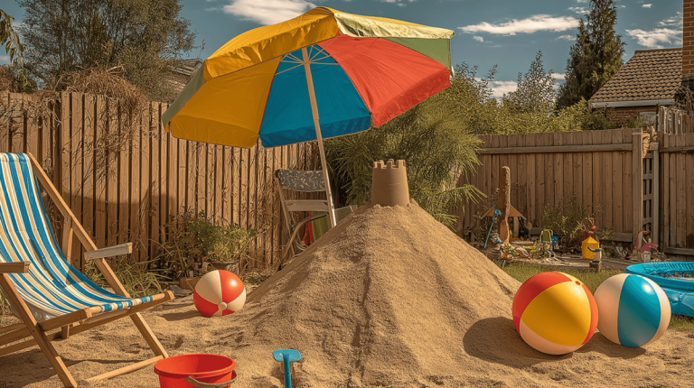 A DIY beach built in a back garden, with sand, a sun umbrella, beach chair and sand toys.