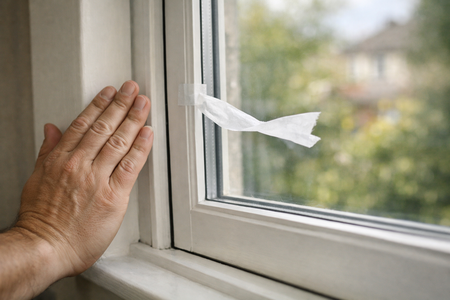Checking for a draught at the edge of a window frame with a hand and a fluttering strip of tissue