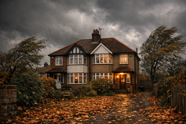 A British semi-detached house in autumn with dark storm clouds overhead and fallen leaves in the garden