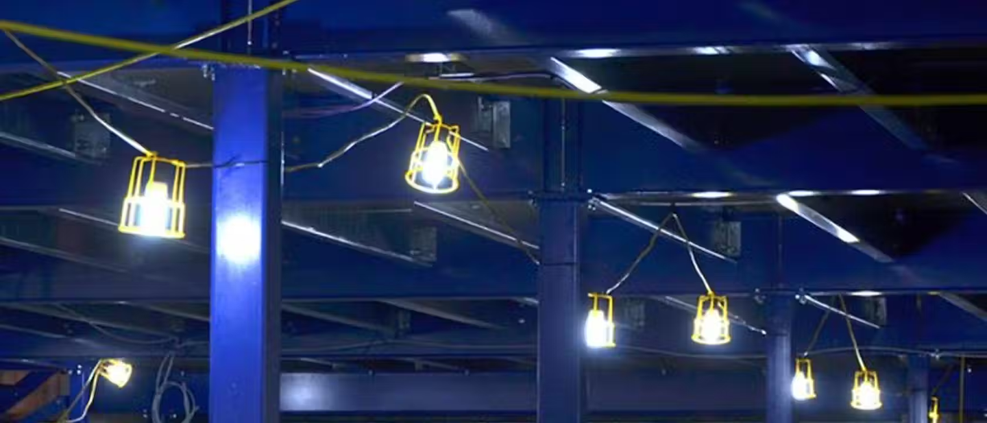 Bright festoon lighting strung along a metal fixture