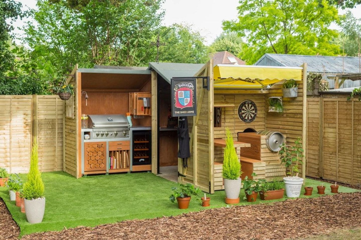 the shed arms beer garden with barbecue keg and darts