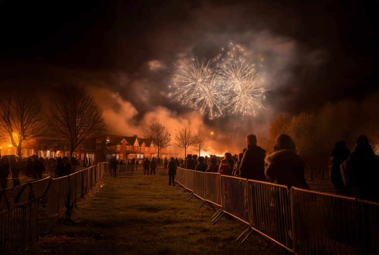 Families with children watching a bonfire night display in a garden