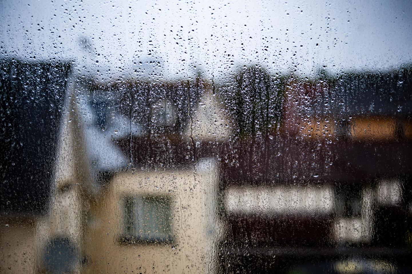 Blurred view of a rainy day through a window.