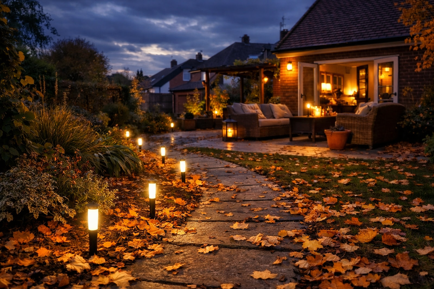 Warm white garden pathway lights glowing on an autumn evening with fallen leaves