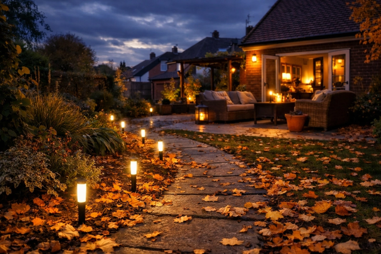 dreamy autumn garden path with warm garden path lights