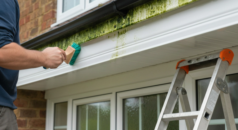 Cleaning UPVC fascia boards on a house exterior from a ladder.
