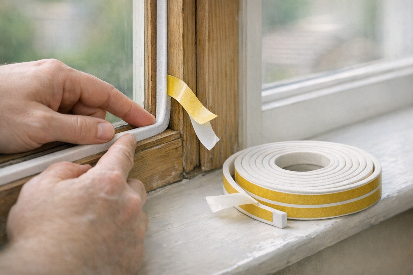 Self-adhesive foam draught excluder strip being pressed into the rebate of a window frame