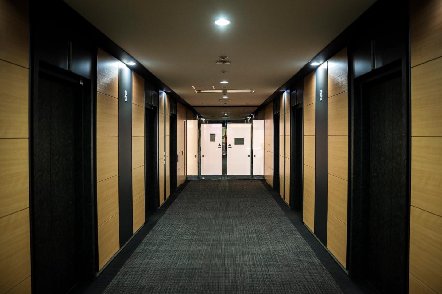 A lit corridor in a commercial building