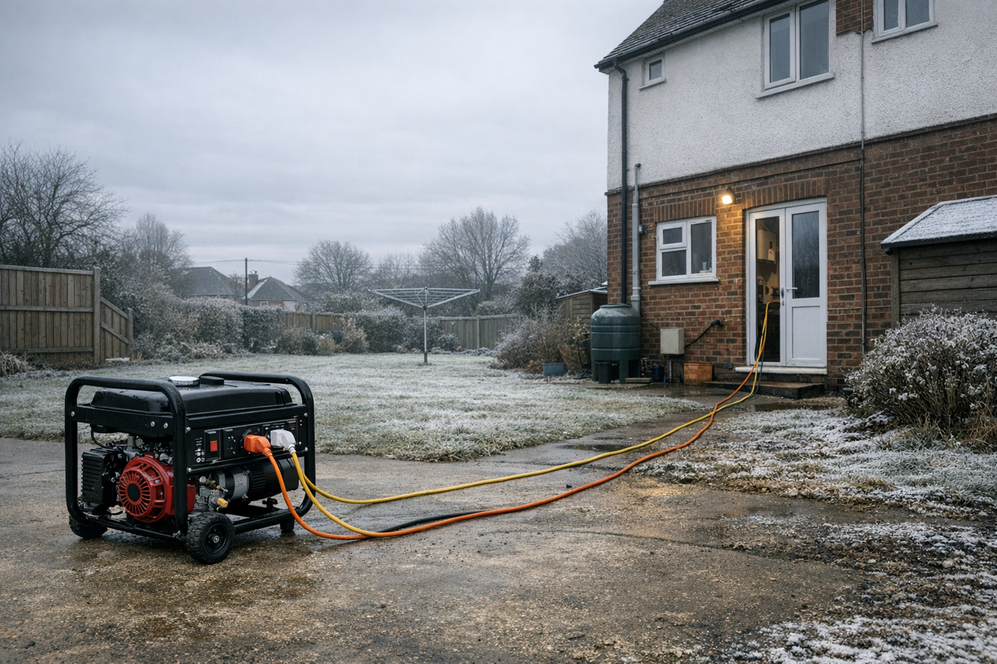 A portable petrol generator running on concrete ground beside a UK semi-detached house on an overcast winter day, with extension leads running toward the property