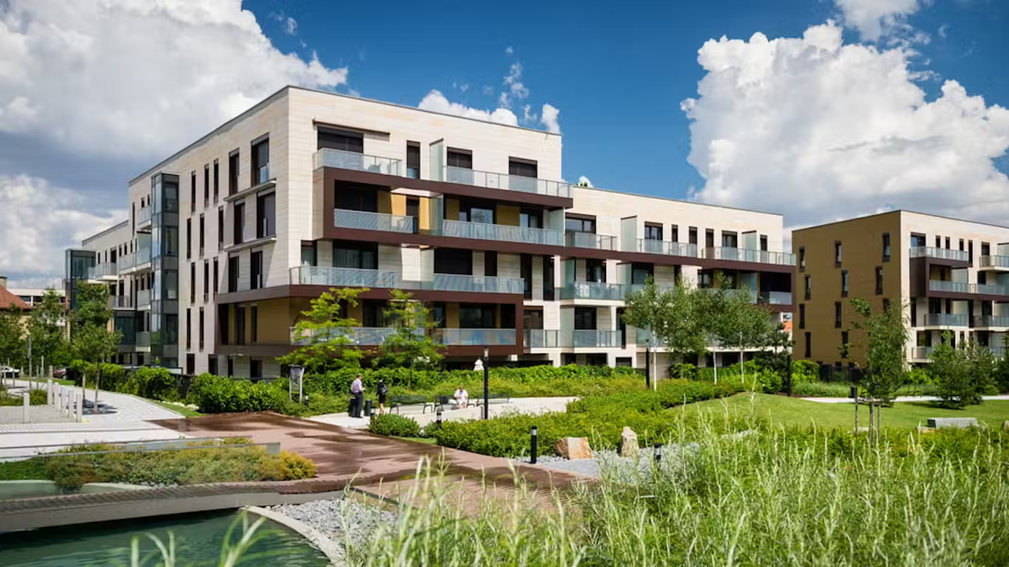 A modern building complex using eco-friendly material.
