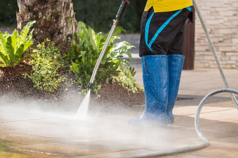power washing a garden