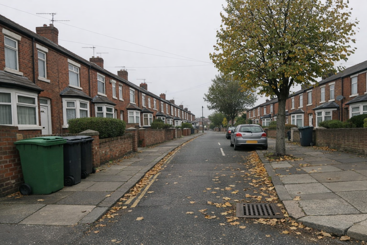 A row of British houses on an overcast, breezy autumn day