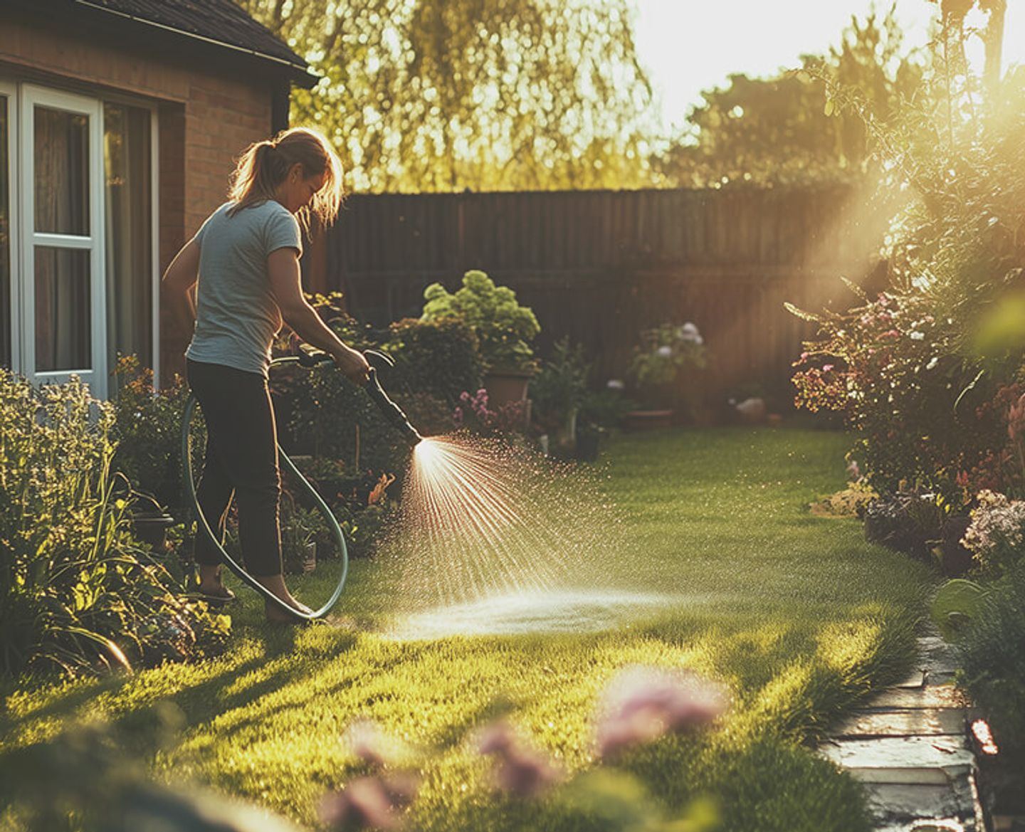 Woman watering her lawn using a hose.