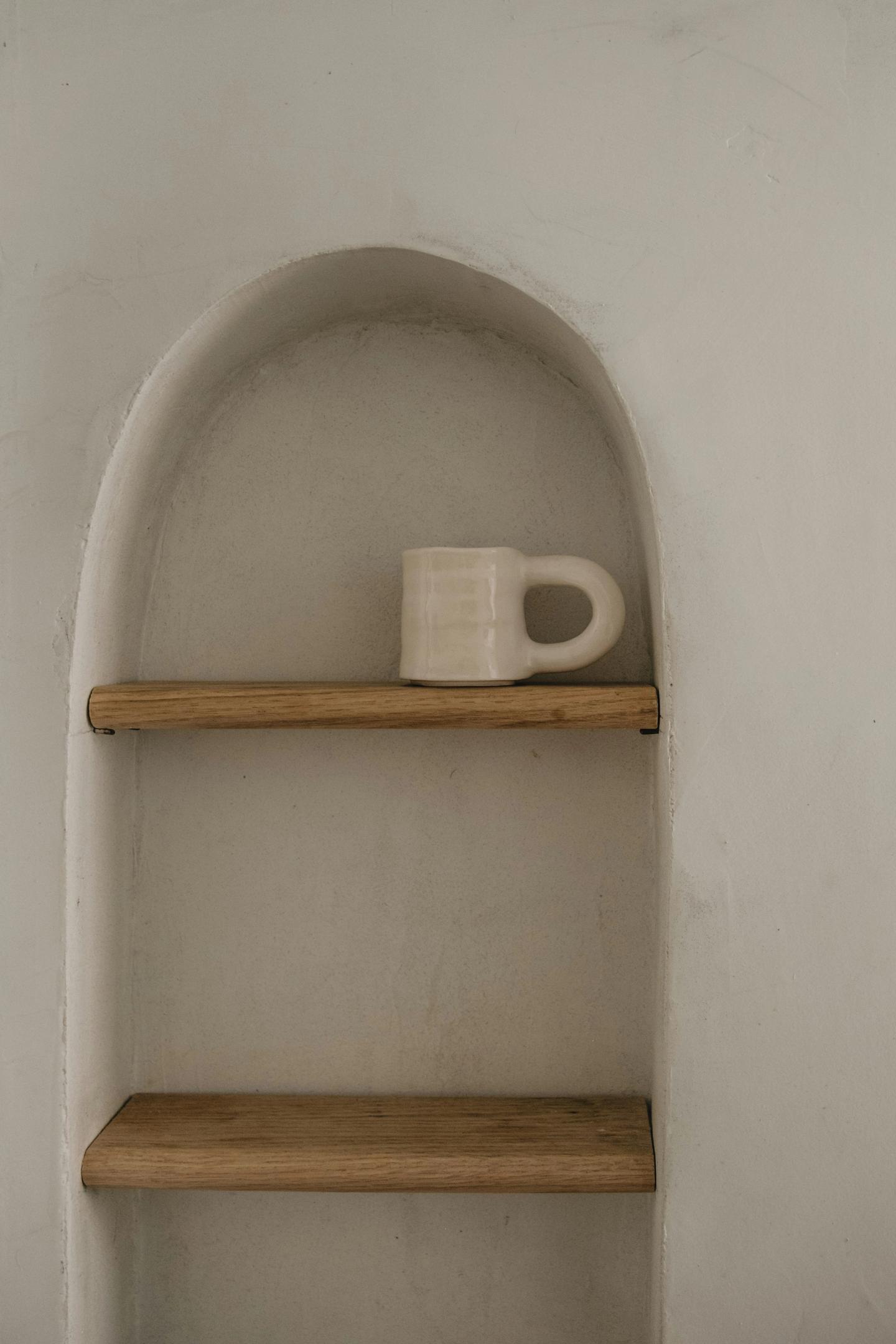 Shelving in alcove.